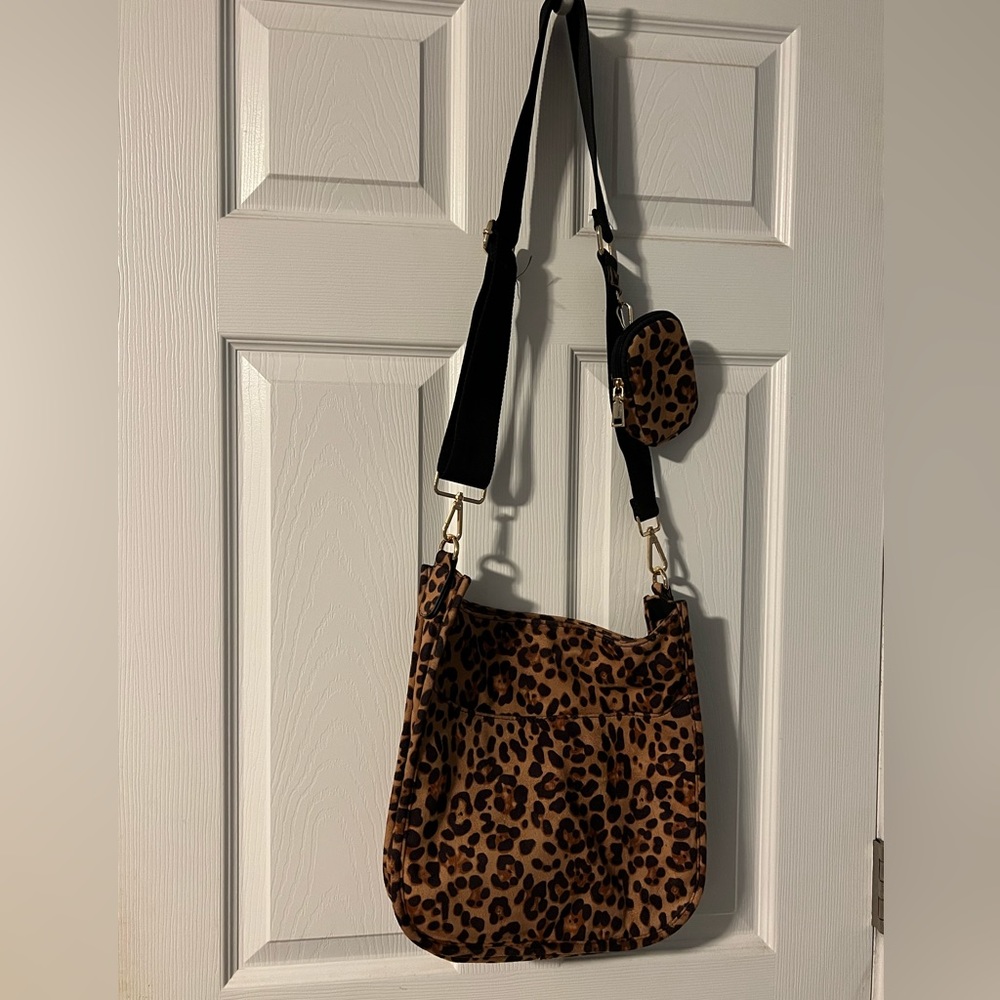 Ahdorned leopard print faux suede messenger large crossbody with 2 straps